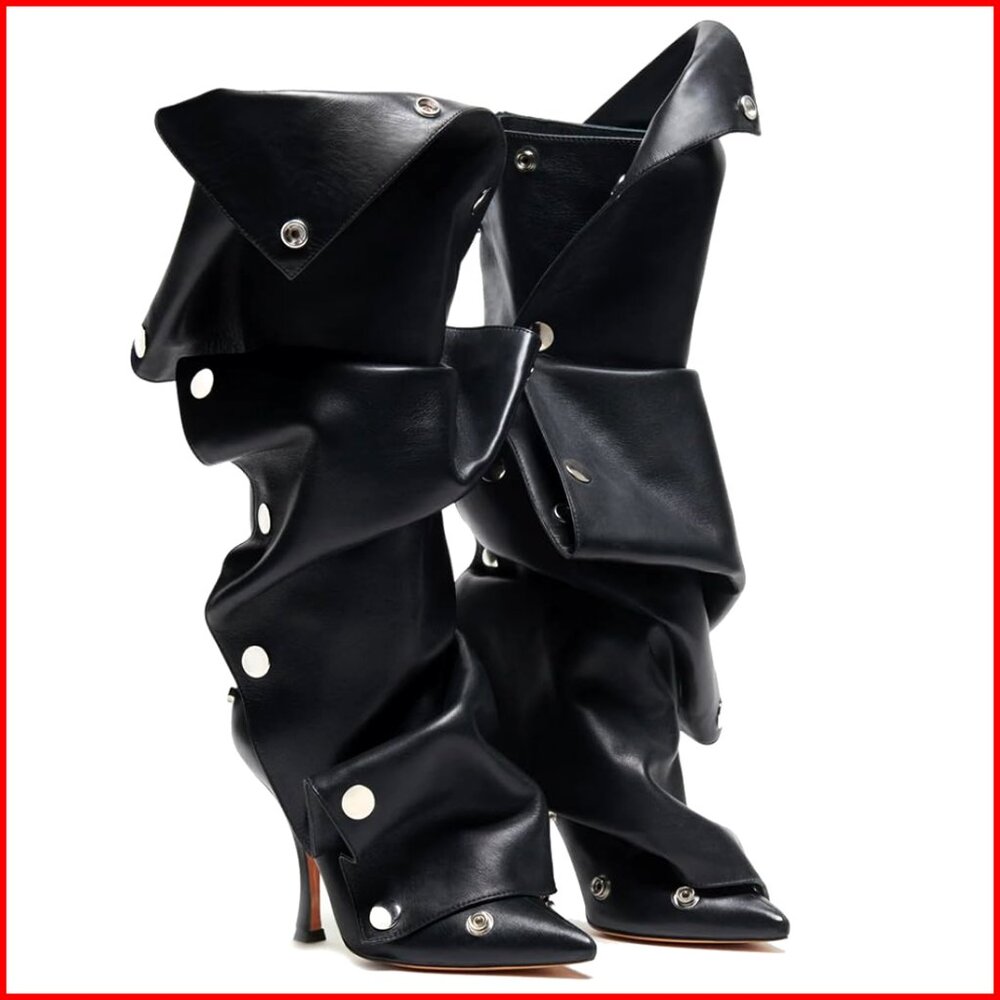 Knee High Boots Stiletto Heel Wide Calf Slouchy Ruched Snap-off Panel